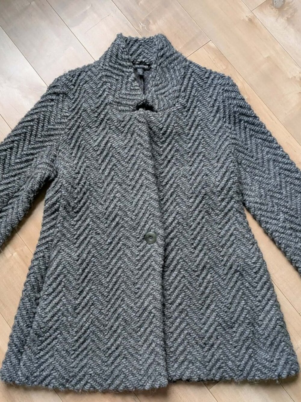 Eileen Fisher Virgin Wool Alpaca Chevron Knit Stand Collar Coat Jacket Small